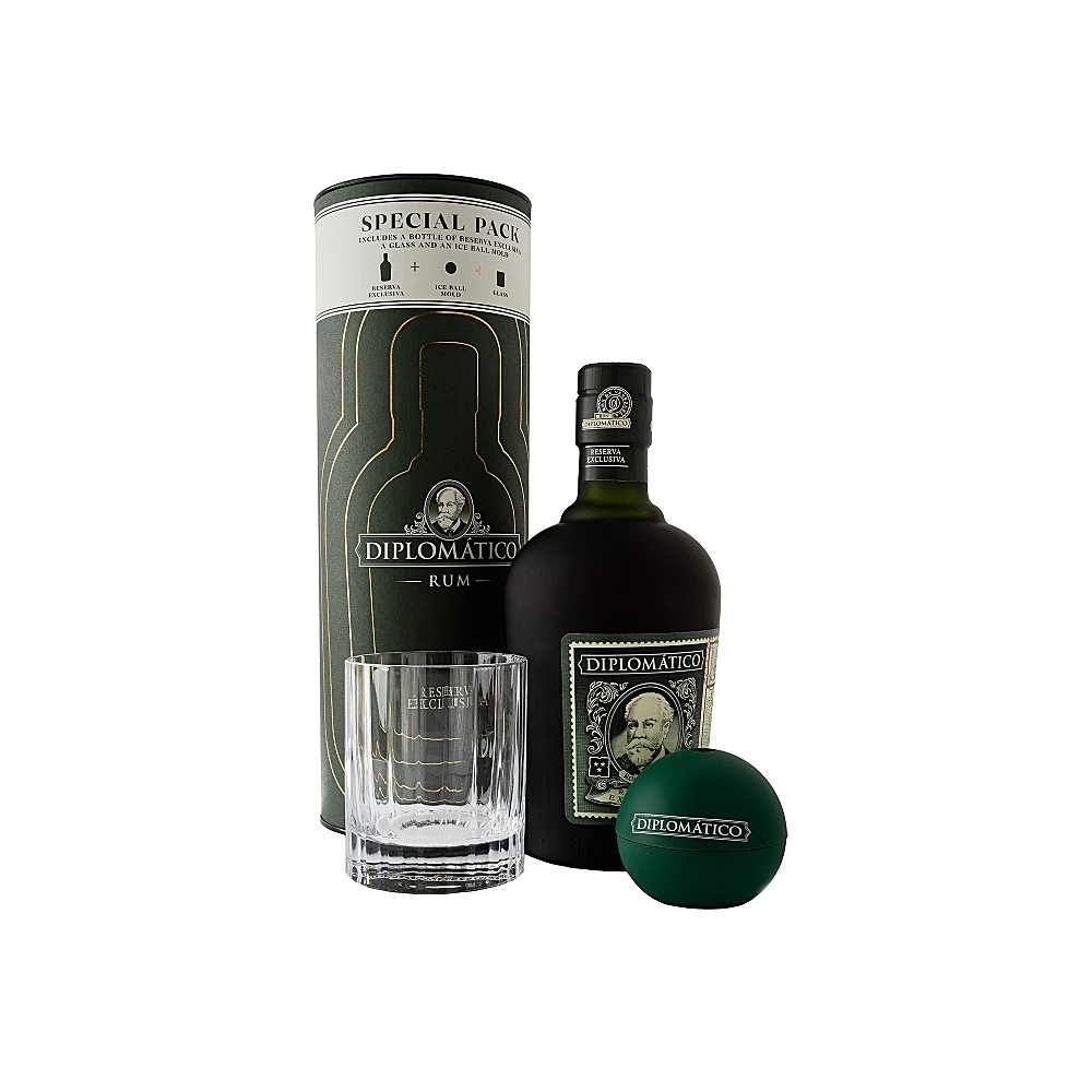 Rom negru Diplomatico Reserva Exclusiva + pahar + bila pentru gheata, 40% alc., 0.7L