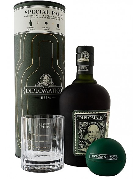 Rom negru Diplomatico Reserva Exclusiva + pahar + bila pentru gheata, 40% alc., 0.7L