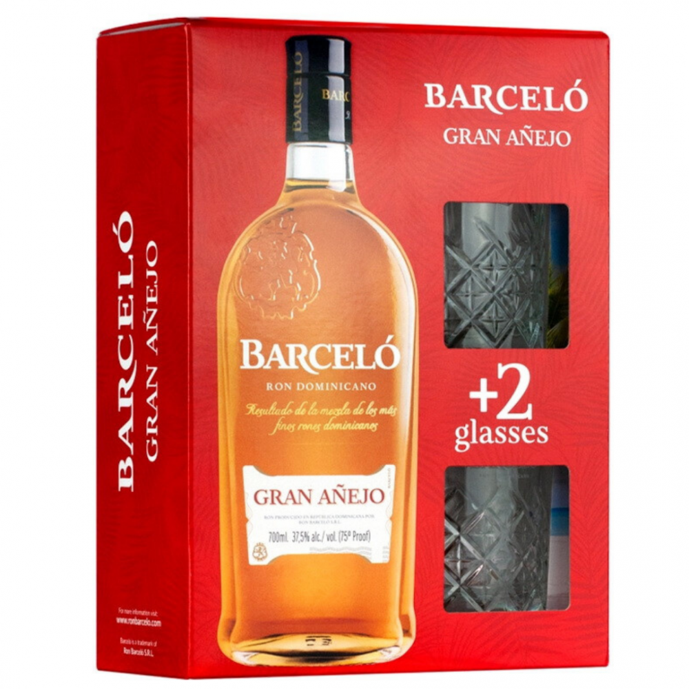 Rom negru Barcelo Gran Anejo + 2 Pahare, 37.5% alc., 0.7L, Republica Dominicana