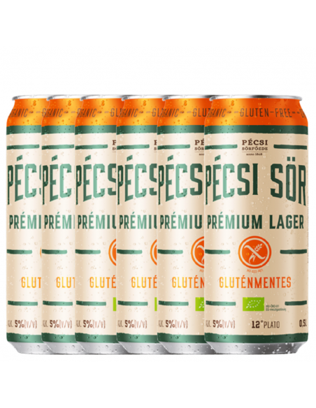 Six pack Pécsi Sör BIO Premium Lager gluten free beer, 5% alc., 0.5L, dose, Hungary