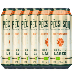 Six pack Pécsi Sör BIO Premium Lager gluten free beer, 5% alc., 0.5L, dose, Hungary